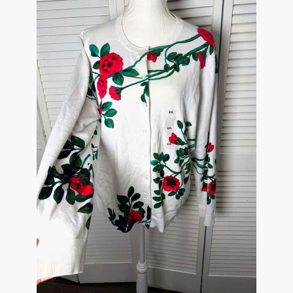 Karen Scott Women's White and Red Rose Floral Cardigan XXL Cottagecore NWT!